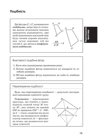 15
Перетворення
простору
Подібність
Дві фігури F1
і F2
називаються
подібними, якщо між їх точка
ми можна встановити взаємно
однозначну відповідність, при
якій відношення відстаней між
будь–якими парами відповід
них точок дорівнює тій же
сталій k, що зветься коефіцієн
том подібності
Властивості подібних фігур
1. Кути між відповідними променями рівні.
2. Площі подібних фігур відносяться як квадрати їх лі
нійних розмірів.
3. Об’єми подібних фігур відносяться як куби їх лінійних
розмірів
Перетворення подібності
Будь–яке перетворення подібності — результат послідов
ного виконання гомотетії і руху.
Гомотетія — перетворення
простору, що ставить у відпо
відність кожній точці М точ
ку М′, яка лежить на прямій
ОМ за правилом ОМ′ = k ⋅ ОМ,
де k — стале, відмінне від нуля
число, що називається коефіц
ієнтом гомотетії, О — фіксова
на точка, що називається цен
тром гомотетії
A B
A′ B′
C
D
C′
D′
AB
A' B'
= k
B′
A′ C′B
A C
O
 