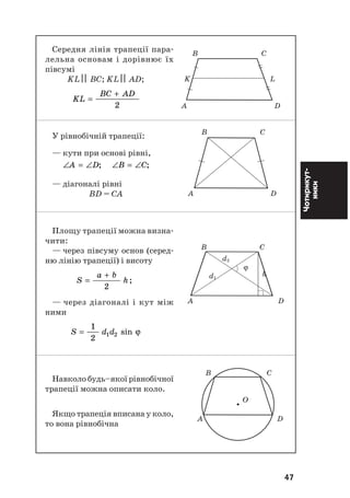 47
Чотирикут
ники
Середня лінія трапеції пара
лельна основам і дорівнює їх
півсумі
KL ⎜⎜ BC; KL ⎜⎜ AD;
KL
BC AD
=
+
2
У рівнобічній трапеції:
— кути при основі рівні,
∠ = ∠ ∠ = ∠A D B C; ;
— діагоналі рівні
BD = CA
Площу трапеції можна визна
чити:
— через півсуму основ (серед
ню лінію трапеції) і висоту
S
a b
h=
+
2
;'
— через діагоналі і кут між
ними
S d d=
1
2
1 2 sin ϕ
Навколо будь–якої рівнобічної
трапеції можна описати коло.
Якщо трапеція вписана у коло,
то вона рівнобічна
Â Ñ
K L
À D
B C
A D
Â Ñ
O
À D
Â Ñ
d2
ϕ
hd1
À D
 