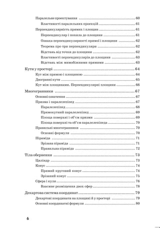 6
Паралельнепроектування ................................................ 60
Властивості паралельних проекцій............................... 61
Перпендикулярність прямих і площин............................... 61
Перпендикуляр і похила до площини ........................... 61
Ознака перпендикулярності прямої і площини .............. 62
Теорема про три перпендикуляри ................................ 62
Відстань від точки до площини .................................... 62
Властивості перпендикулярів до площини .................... 63
Відстань між мимобіжними прямими .......................... 63
Кути у просторі .............................................................. 64
Кут між прямою і площиною ............................................ 64
Двогранні кути ............................................................... 65
Кут між площинами. Перпендикулярні площини ................ 66
Многогранники .............................................................67
Основніозначення ........................................................... 67
Призма і паралелепіпед ................................................... 67
Паралелепіпед ........................................................... 68
Прямокутний паралелепіпед ....................................... 69
Площа поверхні і об’єм призми ................................... 69
Площа поверхні та об’єм паралелепіпеда ....................... 70
Правильні многогранники ............................................... 70
Основні формули ....................................................... 70
Піраміда ....................................................................... 71
Зрізана піраміда ........................................................ 71
Правильна піраміда ................................................... 72
Тіла обернення .............................................................. 73
Циліндр ........................................................................ 73
Конус ............................................................................ 74
Прямий круговий конус ............................................. 74
Зрізаний конус .......................................................... 75
Сфера і куля................................................................... 76
Взаємне розміщення двох сфер .................................... 78
Декартова система координат........................................... 79
Декартові координати на площині й у просторі .................... 79
Основні координатні формули ........................................... 80
 