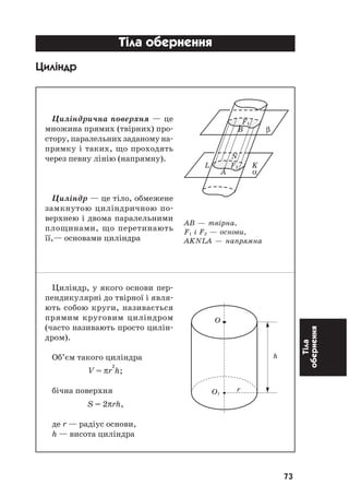 73
Тіла
обернення
Тіла обернення
Циліндр
Циліндрична поверхня — це
множина прямих (твірних) про
стору, паралельних заданому на
прямку і таких, що проходять
через певну лінію (напрямну).
Циліндр — це тіло, обмежене
замкнутою циліндричною по
верхнею і двома паралельними
площинами, що перетинають
її,— основами циліндра
Циліндр, у якого основи пер
пендикулярні до твірної і явля
ють собою круги, називається
прямим круговим циліндром
(часто називають просто цилін
дром).
Об’єм такого циліндра
V = πr
2
h;
бічна поверхня
S = 2πrh,
де r — радіус основи,
h — висота циліндра
ÀÂ — òâ³ðíà,
F1 ³ F2 — îñíîâè,
AKNLA — íàïðÿìíà
O
h
O1
r
F1
B β
N
L F2 K
A α
 