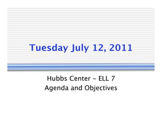 Tuesday July 12, 2011


    Hubbs Center - ELL 7
   Agenda and Objectives
 