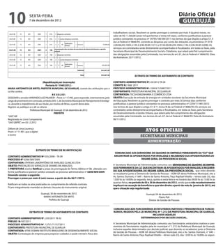 10                    sexta-feira
                      7 de dezembro de 2012
                                                                                                                                                                                          Diário Oficial
                                                                                                                                                                                           GUARUJÁ
                                                                                                                          trabalhadores sociais. Resolvem as partes prorrogar o contrato por mais 4 (quatro) meses, no
 25.01.00   15       451       2001    1   016   3 despesas correntes
                                                                                                                          valor de R$ 11.530,00 (onze mil quinhentos e trinta mil reais), conforme justificativas e parecer
 25.01.00   15       451       2001    1   016   3   3 outras despesas correntes                                          jurídico constantes no processo nº 34795/166184/2011 nos termos do que dispõe o artigo 57, II
                                                                                                                          da Lei Federal nº 8666/93, correndo as despesas por conta das dotações orçamentárias nº: 07.0
                                                              aplicações
 25.01.00   15       451       2001    1   016   3   3   90
                                                              diretas
                                                                            1 tesouro                         10.000,00   2.00.08.243.1004.2.144.3.3.90.39.00 (1211) e 07.02.00.08.244.1004.2.146.3.3.90.39.00 (2208); Os
                                                 manutenção dos serviços da secretaria de desenvolvimento e gestão        serviços ora contratados serão diretamente acompanhados e fiscalizados, em todas as fases, pela
 25.01.00   15       451       2001    2   198
                                                 urbana                                                                   Secretaria Municipal de Desenvolvimento Social e Cidadania, que zelará pelo fiel cumprimento
 25.01.00   15       451       2001    2   198   3 despesas correntes                                                     das obrigações assumidas pela Contratada, nos termos do art. 67, da Lei Federal nº 8666/93. Data
                                                                                                                          da Assinatura: 23/11/2012.
 25.01.00   15       451       2001    2   198   3   3 outras despesas correntes

                                                              aplicações
 25.01.00   15       451       2001    2   198   3   3   90                 1 tesouro                        343.607,00
                                                              diretas

                                                                              Subtotal                      353.607,00

                                                                                   Total                    353.607,00
                                                                                                                                               EXTRATO DE TERMO DE ADITAMENTO DE CONTRATO

                                    (Republicação por incorreção)                                                         CONTRATO ADMINISTRATIVO N°. 03/2012 TA 04
                                       Portaria N.º 1945/2012.-                                                           CONVITE N.º 068/ 2011
MARIA ANTONIETA DE BRITO, PREFEITA MUNICIPAL DE GUARUJÁ, usando das atribuições que a                                     PROCESSO ADMINISTRATIVO Nº. 33943/125987/2011
Lei lhe confere,                                                                                                          CONTRATANTE: PREFEITURA MUNICÍPAL DE GUARUJÁ
                                            RESOLVE:                                                                      CONTRATADA: TECSA ENGENHARIA E COMÉRCIO LTDA
DESIGNAR o servidor ARMANDO LUIZ PALMIERI – Pront. n.º 17.993, para responder, interinamente, pelo                        OBJETO: Execução de entrada de energia em unidades escolares da Secretaria Municipal
cargo de provimento em comissão, símbolo DAS-1, de Secretário Municipal de Planejamento Estratégi-                        de Educação. Resolvem as partes prorrogar o contrato por mais 30 (trinta) dias conforme
co, durante o impedimento de seu titular, por motivo de férias, a partir desta data.                                      justificativas e parecer jurídico constantes no processo administrativo nº 2259/111481/2012
Registre-se, publique-se e dê-se ciência.                                                                                 nos termos do que dispõe o artigo 57, § 1º, inciso III da Lei Federal nº 8666/93; Os serviços ora
                      Prefeitura Municipal de Guarujá, 03 de dezembro de 2012.                                            contratados serão diretamente acompanhados e fiscalizados, em todas as fases, pela Secretaria
                                              PREFEITA                                                                    de Desenvolvimento e Gestão Urbana, que zelará pelo fiel cumprimento das obrigações
“UAE”/dll                                                                                                                 assumidas pela Contratada, nos termos do art. 67, da Lei Federal nº 8666/93; Data da Assinatura:
Registrada no Livro Competente                                                                                            06/11/2012.
“UAE GBPRE”, em 03.12.2012

Débora de Lima Lourenço
Pront. n.º 11.901, que a digitei                                                                                                                         Atos oficiais
e assino
                                                                                                                                                    secretarias municipais
                                                                                                                                                           administração

                              EXTRATO DE TERMO DE RE-RATIFICAÇÃO
                                                                                                                          COMUNICADO AOS SERVIDORES DO QUADRO DE EMPREGO PERMANENTE DA “CLT” QUE
CONTRATO ADMINISTRATIVO Nº 035/2008 – TA 09                                                                               ENCONTRAM-SE APOSENTADOS POR INVALIDEZ E RECEBENDO SUA APOSENTADORIA DO
PROCESSO N° 6206/589/2009                                                                                                                   REGIME GERAL DA PREVIDENCIA SOCIAL
CONTRATADA: ITAPEMA LABORATÓRIO DE ANALISES CLINICAS LTDA
OBJETO: PRESTAÇÃO DE SERVIÇOS DE EXAMES EM ANALISES.                                                                      A Secretaria Municipal de Administração comunica aos SERVIDORES DO QUADRO DE EMPRE-
A PREFEITURA resolve Retificar o prazo da prorrogação do Termo Aditivo nº 08, alterado con-                               GOS PERMANENTE DA CLT QUE ENCONTRAM-SE APOSENTADOS POR INVALIDEZ E RECEBEN-
                                                                                                                          DO SUA APOSENTADORIA DO REGIME GERAL DA PREVIDÊNCIA SOCIAL, que estes deverão
forme justificativa e parecer jurídico anexado ao processo administrativo nº 6206/589/2009.
                                                                                                                          se recadastrar junto a Diretoria de Gestão de Pessoas – ADM GP, desta Prefeitura Municipal, sito a
Devendo constar o seguinte:
                                                                                                                          Av. Santos Dumont, n° 640 – Bairro de Santo Antonio, Paço Raphael Vitiello – térreo (sala 33), das
Prorrogar o prazo por mais 6 (seis) meses, a partir do dia 06/11/2012.
                                                                                                                          12:00 hs às 16:00hs às segunda, terça, quinta e sexta-feira e no horário das 09:00 hs às 13:00 hs às
                                                                                                                          quartas-feiras, no período de 03 a 20 de dezembro de 2012, sendo que o não recadastramento
Ratificam-se todos os atos praticados no cumprimento do referido contrato.                                                implicará na cessação de benefícios a que têm direito a partir do mês de janeiro de 2013, até
Ficam integralmente mantidas as demais clausulas do instrumento original.                                                 que a situação seja regularizada.

                                   Guarujá, 30 de novembro de 2012                                                                                        Guarujá, 04 de dezembro de 2012.
                                     MARIA ANTONIETA DE BRITO                                                                                                         Flavio Poli
                                          Prefeita de Guarujá                                                                                               Diretor de Gestão de Pessoas


                                                                                                                          COMUNICADO AOS FUNCIONÁRIOS ESTATUTÁRIOS INATIVOS E PENSIONISTAS DE FUNCIO-
                       EXTRATO DE TERMO DE ADITAMENTO DE CONTRATO                                                         NÁRIOS, REGIDOS PELA LEI MUNICIPAL Nº 1.212 DA PREFEITURA MUNICIPAL DE GUARUJÁ,
                                                                                                                                                         INCLUSIVE AQUELES
CONTRATO ADMINISTRATIVO N°. 239/2011 TA 02                                                                                                     DETERMINADOS POR DECISÃO JUDICIAL.
PREGÃO N.º 87/2011
PROCESSO ADMINISTRATIVO Nº. 12751/71137/2011                                                                              A Secretaria Municipal de Administração comunica aos funcionários estatutários inativos e pen-
CONTRATANTE: PREFEITURA MUNICÍPAL DE GUARUJÁ                                                                              sionistas de funcionários regidos pela lei municipal n° 1.212 da Prefeitura Municipal de Guarujá,
                                                                                                                          inclusive aqueles determinados por decisão judicial, que deverão se recadastrar junto a Diretoria
CONTRATADA: VITAE DOMINI INSTITUTO BRASILEIRO DE DESENVOLVIMENTO SOCIAL
                                                                                                                          de Gestão de Pessoas – ADM GP, desta Prefeitura Municipal, sito a Av. Santos Dumont, n° 640 –
OBJETO: Contratação de empresa para propiciar cuidados à saúde mental e física dos                                        Bairro de Santo Antonio, Paço Raphael Vitiello – térreo (sala 33), das 12:00 hs às 16:00hs às segun-
 