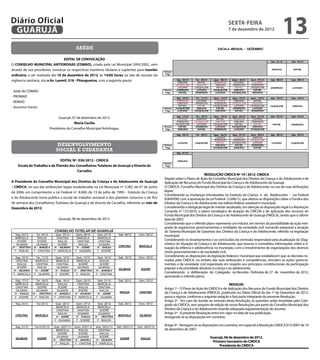 Diário Oficial
 GUARUJÁ
                                                                                                                                                                        sexta-feira
                                                                                                                                                                        7 de dezembro de 2012
                                                                                                                                                                                                                 13
                                                 saúde                                                                                                       ESCALA MENSAL – DEZEMBRO


                                      EDITAL DE CONVOCAÇÃO
                                                                                                                                                                                                       Sab. 01/12   Dom. 02/12
O CONSELHO MUNICIPAL ANTIDROGAS (COMAD), criado pela Lei Municipal 2995/2002, vem
através de sua presidente, convocar os respectivos membros titulares e suplentes para reunião                      Noturno
                                                                                                                                                                                                       ADRIANA       RAFAEL

ordinária, a ser realizada dia 10 de dezembro de 2012, às 14:00 horas na sala de reunião da                         Folga


vigilancia sanitaria, sito a Av. Leomil, 518 - Pitangueiras, com a seguinte pauta:                                            Seg. 03/12
                                                                                                                               ADRIANA
                                                                                                                                            Ter. 04/12
                                                                                                                                              RAFAEL
                                                                                                                                                          Quar. 05/12
                                                                                                                                                           ANDERSON
                                                                                                                                                                         Quint. 06/12
                                                                                                                                                                           LUCIANO
                                                                                                                                                                                        Sext. 07/12
                                                                                                                                                                                          LUCIANO
                                                                                                                                                                                                       Sab. 08/12   Dom. 09/12

                                                                                                                             JACQUELINE
                                                                                                                               LUCIANO
                                                                                                                                             ADRIANA
                                                                                                                                           JACQUELINE
                                                                                                                                                            ADRIANA
                                                                                                                                                             RAFAEL
                                                                                                                                                                          ANDERSON
                                                                                                                                                                            RAFAEL
                                                                                                                                                                                         ANDERSON
                                                                                                                                                                                        JACQUELINE     ANDERSON     LUCIANO
                                                                                                                   Noturno    ANDERSON       LUCIANO      JACQUELINE       ADRIANA         RAFAEL
- Sede do COMAD                                                                                                     Folga       RAFAEL      ANDERSON        LUCIANO      JACQUELINE       ADRIANA

- PROMAD                                                                                                                      Seg. 10/12    Ter. 11/12    Quar. 12/12     Quin. 13/12   Sext. 14/12    Sab. 15/12   Dom. 16/12
                                                                                                                              ANDERSON       LUCIANO        LUCIANO        ADRIANA         RAFAEL
- REMAD                                                                                                                        ADRIANA      ANDERSON       ANDERSON      JACQUELINE       ADRIANA
                                                                                                                                RAFAEL        RAFAEL      JACQUELINE       LUCIANO      JACQUELINE     JAQUELINE    ADRIANA
- Assuntos Gerais.                                                                                                 Noturno   JACQUELINE      ADRIANA         RAFAEL       ANDERSON        LUCIANO
                                                                                                                    Folga      LUCIANO     JACQUELINE       ADRIANA         RAFAEL       ANDERSON
 
                                                                                                                              Seg. 17/12    Ter. 18/12    Quar. 19/12     Quin. 20/12    Sext. 21/12   Sab. 22/12   Dom. 23/12
                                   Guarujá, 07 de dezembro de 2012.                                                            LUCIANO       ADRIANA         RAFAEL       ANDERSON        LUCIANO
                                                                                                                              ANDERSON     JACQUELINE       ADRIANA        ADRIANA       ANDERSON
                                             Maria Cecilia                                                                   JACQUELINE      LUCIANO      JACQUELINE        RAFAEL         RAFAEL       RAFAEL      ANDERSON
                                                                                                                   Noturno      RAFAEL      ANDERSON        LUCIANO      JACQUELINE       ADRIANA
                             Presidente do Conselho Municipal Antidrogas.                                           Folga      ADRIANA        RAFAEL       ANDERSON        LUCIANO      JACQUELINE

                                                                                                                              Seg. 24/12    Ter. 25/12    Quar. 26/12     Quin. 27/12   Sext. 28/12    Sab. 29/12   Dom. 30/12
                                                                                                                                                            LUCIANO        LUCIANO        ADRIANA
                                                                                                                                                           ANDERSON       ANDERSON      JACQUELINE
                                                                                                                              LUCIANO      JAQUELINE         RAFAEL      JACQUELINE       LUCIANO      LUCIANO      JAQUELINE
                                 desenvolvimento                                                                   Noturno                                  ADRIANA         RAFAEL       ANDERSON
                                                                                                                    Folga                                 JACQUELINE       ADRIANA         RAFAEL
                                social e cidadania
                                                                                                                              Seg. 31/12


                               EDITAL Nº. 036/2012 - CMDCA                                                                    ADRIANA
                                                                                                                   Noturno
    Escala de Trabalho e de Plantão dos Conselheiros Tutelares de Guarujá e Vicente de                              Folga

                                         Carvalho
                                                                                                                                              RESOLUÇÃO CMDCA Nº 19 / 2012- CMDCA
                                                                                                                   Dispõe sobre o Plano de Ação do Conselho Municipal dos Direitos da Criança e do Adolescente e de
A Presidente do Conselho Municipal dos Direitos da Criança e do Adolescente de Guarujá                             Aplicação de Recursos do Fundo Municipal da Criança e do Adolescente de Guarujá
– CMDCA, no uso das atribuições legais estabelecidas na Lei Municipal nº 3.382, de 07 de junho                     O CMDCA- Conselho Municipal dos Direitos da Criança e do Adolescente, no uso de suas atribuições
de 2006, em cumprimento a Lei Federal nº. 8.069, de 13 de julho de 1990 – Estatuto da Criança                      legais;
                                                                                                                   Considerando as mudanças introduzidas no Estatuto da Criança e do Adolescente - Lei Federal
e do Adolescente torna publica a escala de trabalho semanal e dos plantões noturnos e de fins                      8.069/090, com a aprovação da Lei Federal 12.696/12, que alterou as disposições sobre o Fundos dos
de semana dos Conselheiros Tutelares de Guarujá e de Vicente de Carvalho, referente ao mês de                      Direitos da Criança e do Adolescente nas esferas federal, estadual e municipal;
Dezembro de 2012.                                                                                                  Considerando a obrigação legal de manter atualizado, em atenção ás disposições legal e a Resolução
                                                                                                                   Conanda nº 137/2010, o plano estratégico de atuação do CMCDA e de aplicação dos recursos do
                                                                                                                   Fundo Municipal dos Direitos da Criança e do Adolescente de Guarujá (FMDCA), sendo que o ultimo
                                  Guarujá, 06 de dezembro de 2012.                                                 data de 2007;
                                                                                                                   Considerando que o referido plano representa um indutor, em termos da possibilidade da ação inte-
                                                                                                                   grada de organismos governamentais e entidades da sociedade civil, tornando exequível a atuação
                               CONSELHO TUTELAR DE GUARUJÁ                                                         do Sistema Municipal de Garantias dos Direitos da Criança e do Adolescente, referido na legislação
  Seg. 03/12     Ter. 04/12     Quar. 05/12      Quint. 06/12      Sext. 07/12      Sab. 08/12      Dom. 09/12     municipal;
  MARCELA         RAILDA        CRISTINA         MARCELA           MARCELA
   SODRÉ          SODRÉ          RAILDA          CRISTINA          CRISTINA
                                                                                                                   Considerando os levantamentos e as conclusões da comissão responsável pela atualização do Diag-
  GILMARA        GILMARA         SODRÉ            RAILDA           GILMARA                                         nóstico da Situação da Criança e do Adolescente, que buscou e consolidou informações sobre a si-
                                                                                    CRISTINA        MARCELA
N - CRISTINA   N - MARCELA     N - GILMARA       N - SODRÉ         N - RAILDA                                      tuação da infância e adolescência no município, com o envolvimento de organizações dos diversos
  F - RAILDA   F - CRISTINA    F - MARCELA      F - GILMARA        F - SODRÉ                                       níveis governamentais e da sociedade civil;
  Seg. 10/12    Ter. 11/12      Quar. 12/12      Quin. 13/12       Sext. 14/12      Sab. 15/12      Dom. 16/12
                                                                                                                   Considerando as disposições da legislação federal e municipal que estabelecem que as decisões to-
  CRISTINA      MARCELA         MARCELA          MARCELA            RAILDA                                         madas pelo CMDCA, no âmbito das suas atribuições e competências, vinculam as ações governa-
   RAILDA       CRISTINA        CRISTINA          SODRÉ             SODRÉ                                          mentais e da sociedade civil organizada em respeito aos princípios constitucionais da participação
   SODRÉ         RAILDA          GILMARA         GILMARA           GILMARA                                         popular e da prioridade absoluta à criança e ao adolescente;
                                                                                    GILMARA          SODRÉ
 N - GILMARA    N - SODRÉ       N - RAILDA      N - CRISTINA      N - MARCELA
 F - MARCELA   F - GILMARA      F - SODRÉ        F - RAILDA       F - CRISTINA
                                                                                                                   Considerando a deliberação do Colegiado, na Reunião Ordinária de 27 de novembro de 2012,
                                                                                                                   aprovando o referido plano;
  Seg. 17/12    Ter. 18/12      Quar. 19/12      Quint. 20/12      Sext. 21/12      Sab. 22/12      Dom. 23/12
  MARCELA       MARCELA           RAILDA         CRISTINA          MARCELA                                                                                      RESOLVE:
  CRISTINA       SODRÉ            SODRÉ           RAILDA           CRISTINA
  GILMARA       GILMARA          GILMARA          SODRÉ             RAILDA
                                                                                                                   Artigo 1º - O Plano de Ação do CMDCA e de Aplicação dos Recursos do Fundo Municipal dos Direitos
  N - RAILDA   N - CRISTINA    N - MARCELA      N - GILMARA        N - SODRÉ
                                                                                     RAILDA         CRISTINA       da Criança e do Adolescente (FMDCA), publicado no Diário Oficial do dia 1º de Dezembro de 2012,
  F - SODRÉ     F - RAILDA     F - CRISTINA     F - MARCELA       F - GILMARA                                      passa a vigorar, conforme a seguinte redação e fará parte integrante da presente Resolução.
                                                                                                                   Artigo 2º - Em caso de duvida ou omissão desta Resolução, as questões serão resolvidas pelo Cole-
  Seg. 24/12     Ter.25/12      Quar. 26/12      Quint. 27/12      Sext. 28/12      Sab. 29/12      Dom. 30/12     giado do CMDCA, sem prejuízo de edição de novas Resoluções por parte do Conselho Municipal dos
                                                                                                                          5
                                MARCELA          MARCELA           MARCELA
                                CRISTINA         CRISTINA           SODRÉ                                          Direitos da Criança e do Adolescente visando adequada regulamentação do assunto.
                                 RAILDA           GILMARA          GILMARA                                         Artigo 3º - A presente Resolução entra em vigor na data de sua publicação,
  CRISTINA      MARCELA                                                             MARCELA         GILMARA
                                N - SODRÉ        N - RAILDA       N - CRISTINA                                     revogando-se as disposições em contrário.
                               F - GILMARA       F - SODRÉ         F - RAILDA

  Seg. 31/12    Ter.01/01/13   Quar. 02/01/13   Quint. 03/01/13   Sext. 04/01/13   Sab. 05/01/13   Dom. 06/01/13
                                                                                                                   Artigo 4º - Revogam-se as disposições em contrário, em especial a Resolução CMDCA 015/2007 de 14
                                MARCELA            RAILDA          CRISTINA                                        de dezembro de 2007.
                                  SODRÉ            SODRÉ            RAILDA
  GILMARA        SODRÉ
                                 GILMARA          GILMARA           SODRÉ
                                                                                     SODRÉ           RAILDA                                              Guarujá, 06 de dezembro de 2012.
                               N - CRISTINA     N - MARCELA       N - GILMARA
                                F - RAILDA      F - CRISTINA      F - MARCELA
                                                                                                                                                          Primeiro Secretario do CMDCA
                                                                                                                                                              Presidente do CMDCA
 