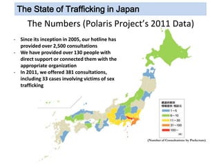 The State of Trafficking in Japan
      The Numbers (Polaris Project’s 2011 Data)
- Since its inception in 2005, our hotline has
  provided over 2,500 consultations
- We have provided over 130 people with
  direct support or connected them with the
  appropriate organization
- In 2011, we offered 381 consultations,
  including 33 cases involving victims of sex
  trafficking




                                                 (Number of Consultations by Prefecture)
 