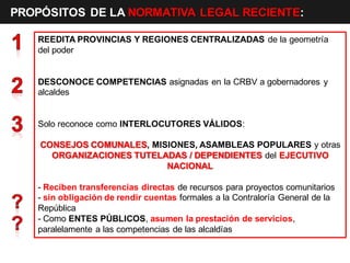 PROPÓSITOS DE LA NORMATIVA LEGAL RECIENTE:

   REEDITA PROVINCIAS Y REGIONES CENTRALIZADAS de la geometría
   del poder


   DESCONOCE COMPETENCIAS asignadas en la CRBV a gobernadores y
   alcaldes


   Solo reconoce como INTERLOCUTORES VÁLIDOS:

    CONSEJOS COMUNALES, MISIONES, ASAMBLEAS POPULARES y otras
      ORGANIZACIONES TUTELADAS / DEPENDIENTES del EJECUTIVO
                           NACIONAL

   - Reciben transferencias directas de recursos para proyectos comunitarios
   - sin obligación de rendir cuentas formales a la Contraloría General de la
   República
   - Como ENTES PÚBLICOS, asumen la prestación de servicios,
   paralelamente a las competencias de las alcaldías
 