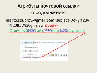 Атрибуты почтовой ссылки
(продолжение)
mailto:sdubrov@gmail.com?subject=Хочу%20у
%20Вас%20учиться&body=
Отличный%20сайт,%20хочу%20научиться
 