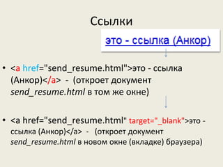 Ссылки
• <a href="send_resume.html">это - ссылка
(Анкор)</a> - (откроет документ
send_resume.html в том же окне)
• <a href="send_resume.html" target="_blank">это -
ссылка (Анкор)</a> - (откроет документ
send_resume.html в новом окне (вкладке) браузера)
 