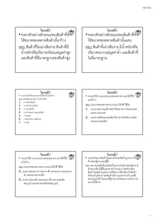 19/07/54




                             ใบงานที่ 7                                  ใบงานที่ 7
•จงยกตัวอย่างลักษณะของสินค้ าที่ทํา                •จงยกตัวอย่างลักษณะของสินค้ าที่ทํา
 ให้ ขนาดของตลาดสินค้ านันกว้ าง
                              ้                     ให้ ขนาดของตลาดสินค้ านันแคบ ้
ตอบ สินค้ าที่ไม่เน่าเสียง่าย สินค้ าที่มี         ตอบ สินค้ าที่เน่าเสียง่าย มีนํ ้าหนักหรื อ
 นํ ้้าหนักหรื อปริ มาตรน้ อยแต่มลค่าสูง
                                 ู                  ปริ มาตรมากแต่มลค่าตํ่า และสินค้ าที่
                                                                        ู
 และสินค้ าที่มีมาตรฐานของสินค้ าสูง                ไม่มีมาตรฐาน




                             ใบงานที่ 7                                  ใบงานที่ 7
• จงบอกหน้ าที่ของตลาดว่ามีกี่หน้ าที่ อะไรบ้ าง   • จงบอกวิธีการแบ่งประเภทของตลาดว่าแบ่งได้ กี่วิธี
ตอบ หน้ าที่ของตลาดมี 7 หน้ าที่ คือ                 อะไรบ้ าง
1. การจัดหาสินค้ า
2. การเก็บรักษาสินค้ า                             ตอบ ประเภทของตลาดสามารถแบ่งได้ 4 วิธีคือ
3. การขายสินค้ า                                   1. แบ่งตามสภาพภูมิศาสตร์ คือตลาดภายในประเทศ
4. การกาหนดมาตรฐานสนคา
4 การกําหนดมา รฐานสินค้ า                              และต่างประเทศ
                                                              ่ ป
5. การขนส่ง
6. การปองกันการเสียงภัย
          ้
                                                   2. แบ่งตามชนิดของผลผลิต คือ ตลาดปั จจัยการผลิต
7. การเงิน                                             และตลาดผลผลิต




                             ใบงานที่ 7                                  ใบงานที่ 7
• จงบอกวิธีการแบ่งประเภทของตลาดว่าแบ่งได้ กี่วธี
                                              ิ    • จงยกตัวอย่างสินค้ าในตลาดกึ่งแข่งขันกึ่งผูกขาด ทังใน
                                                                                                      ้
  อะไรบ้ าง                                          ด้ านของผู้ขายและผู้ซื ้อ
ตอบ ประเภทของตลาดสามารถแบ่งได้ 4 วิธีคือ           ตอบ ตลาดแข่งขันกึ่งแข่งขันกึ่งผูกขาดในด้ านของผู้ขาย มี
                                                     ลักษณะคือ มีผ้ ซื ้อและขายจํานวนมาก สัดส่วนของ
                                                                      ู
3. แบ่งตามช่องทางการตลาด คือ ตลาดกลาง ตลาดขาย        สินค้ าของผู้ขายแต่ละรายมีไม่มากเมื่อเทียบกับสินค้ า
    ส่ง และตลาดขายปลีีก
      ่              ป                               ทัง้ หมดในตลาด โดยสินค้้ ามีีความแตกต่างกัน แต่ใช้้
4. แบ่งตามโครงสร้ างของตลาด คือ ตลาดแข่งขัน          ทดแทนกันได้ ในขณะที่ผ้ ขายรายใหม่สามารถเข้ ามาใน
                                                                               ู
    สมบูรณ์ และตลาดแข่งขันไม่สมบูรณ์                 ตลาดนี ้ได้ ง่าย




                                                                                                                   1
 