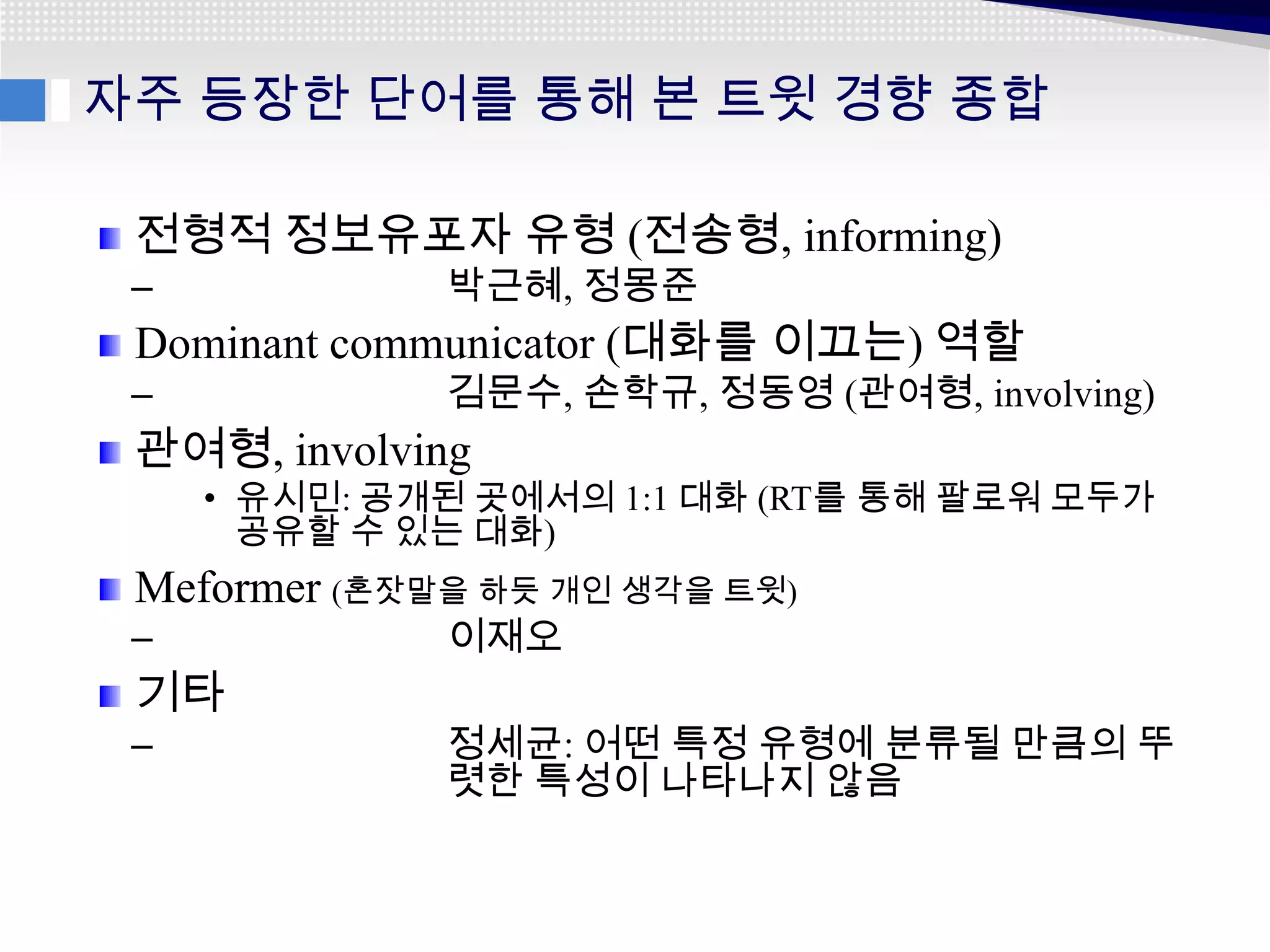 자주 등장한 단어를 통해 본 트윗 경향 종합

 전형적 정보유포자 유형 (전송형, informing)
 –            박근혜, 정몽준
 Dominant communicator (대화를 이끄는) 역할
 –            김문수, 손학규, 정동영 (관여형, involving)
 관여형, involving
     • 유시민: 공개된 곳에서의 1:1 대화 (RT를 통해 팔로워 모두가
       공유할 수 있는 대화)
 Meformer (혼잣말을 하듯 개인 생각을 트윗)
 –            이재오
 기타
 –            정세균: 어떤 특정 유형에 분류될 만큼의 뚜
              렷한 특성이 나타나지 않음
 