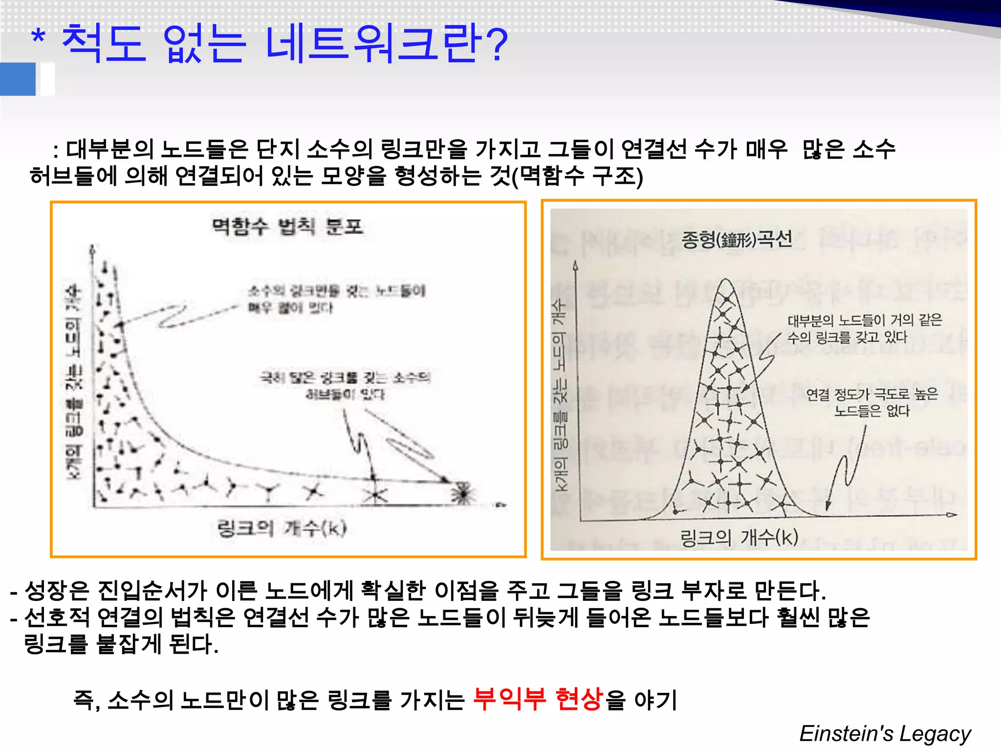 * 척도 없는 네트워크란?

  : 대부분의 노드들은 단지 소수의 링크만을 가지고 그들이 연결선 수가 매우 많은 소수
 허브들에 의해 연결되어 있는 모양을 형성하는 것(멱함수 구조)




- 성장은 진입순서가 이른 노드에게 확실한 이점을 주고 그들을 링크 부자로 만든다.
- 선호적 연결의 법칙은 연결선 수가 많은 노드들이 뒤늦게 들어온 노드들보다 훨씬 많은
  링크를 붙잡게 된다.

   즉, 소수의 노드만이 많은 링크를 가지는 부익부 현상을 야기
                                           Einstein's Legacy
 