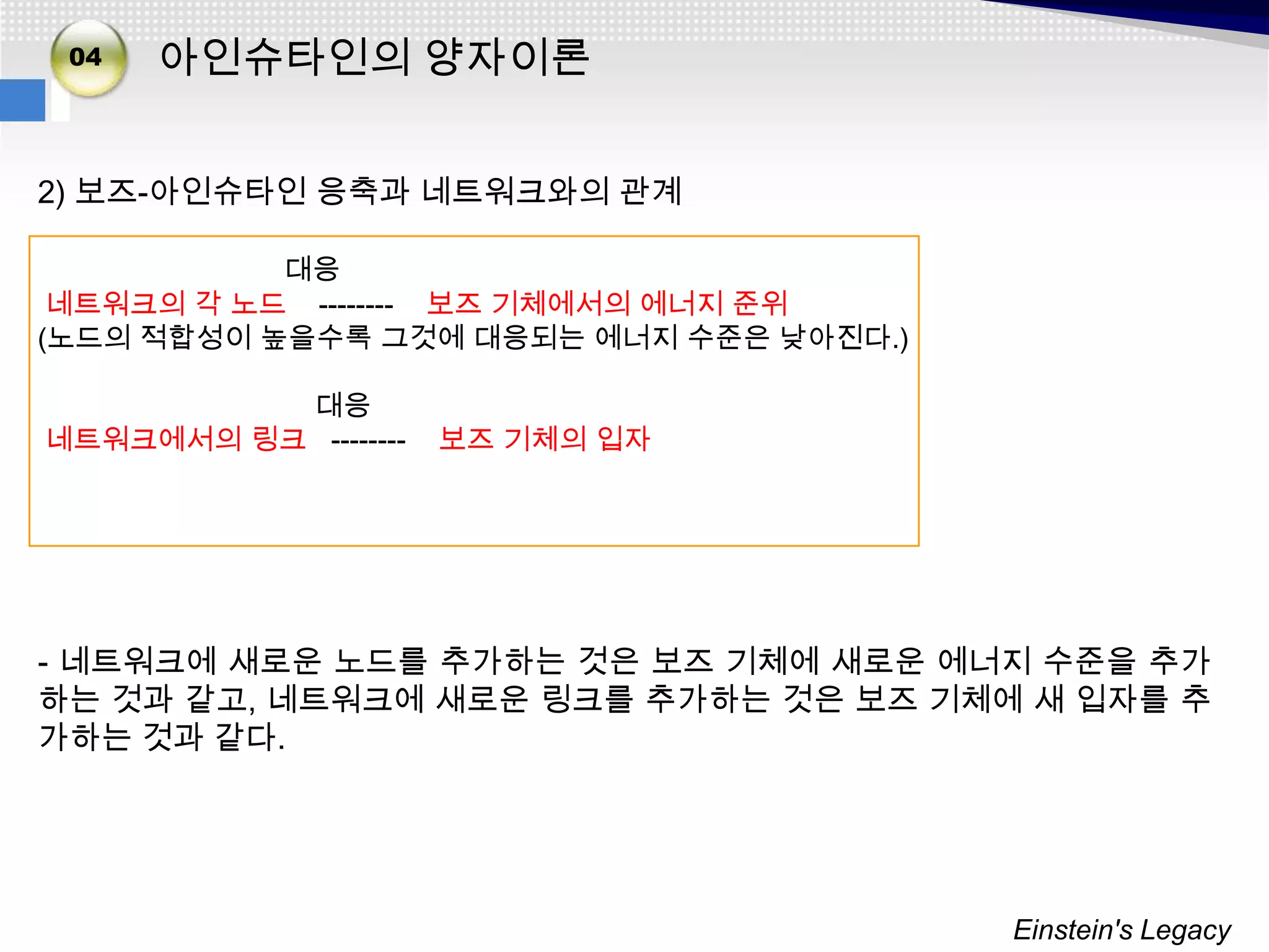 02
 04
03    아인슈타인의 양자이론


2) 보즈-아인슈타인 응축과 네트워크와의 관계

           대응
 네트워크의 각 노드 -------- 보즈 기체에서의 에너지 준위
(노드의 적합성이 높을수록 그것에 대응되는 에너지 수준은 낮아진다.)

          대응
네트워크에서의 링크 --------   보즈 기체의 입자




- 네트워크에 새로운 노드를 추가하는 것은 보즈 기체에 새로운 에너지 수준을 추가
하는 것과 같고, 네트워크에 새로운 링크를 추가하는 것은 보즈 기체에 새 입자를 추
가하는 것과 같다.




                                         Einstein's Legacy
 