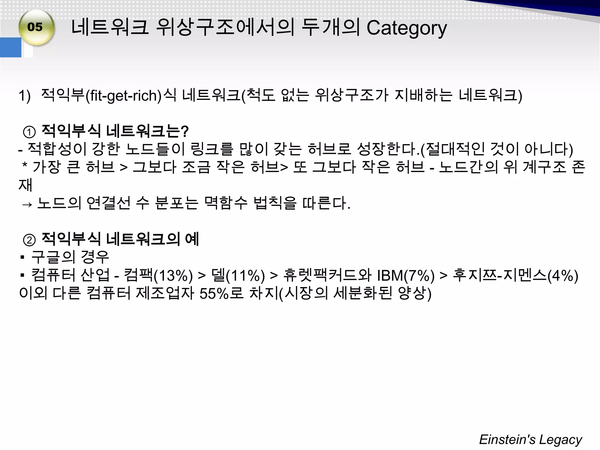 02
05
03   네트워크 위상구조에서의 두개의 Category


1) 적익부(fit-get-rich)식 네트워크(척도 없는 위상구조가 지배하는 네트워크)

 ① 적익부식 네트워크는?
- 적합성이 강한 노드들이 링크를 많이 갖는 허브로 성장한다.(절대적인 것이 아니다)
 * 가장 큰 허브 > 그보다 조금 작은 허브> 또 그보다 작은 허브 - 노드간의 위 계구조 존
재
 → 노드의 연결선 수 분포는 멱함수 법칙을 따른다.

② 적익부식 네트워크의 예
▪ 구글의 경우
▪ 컴퓨터 산업 - 컴팩(13%) > 델(11%) > 휴렛팩커드와 IBM(7%) > 후지쯔-지멘스(4%)
이외 다른 컴퓨터 제조업자 55%로 차지(시장의 세분화된 양상)




                                               Einstein's Legacy
 