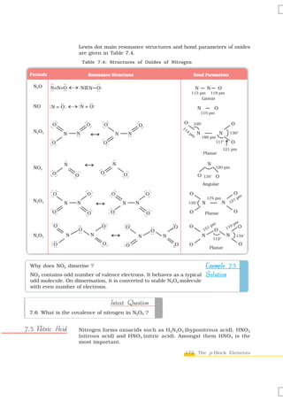 Lewis dot main resonance structures and bond parameters of oxides
                     are given in Table 7.4.
                       Table 7.4: Structures of Oxides of Nitrogen




  Why does NO2 dimerise ?                                               Example 7.5
  NO2 contains odd number of valence electrons. It behaves as a typical Solution
  odd molecule. On dimerisation, it is converted to stable N2O4 molecule
  with even number of electrons.


                                  Intext Question
 7.6 What is the covalence of nitrogen in N2O5 ?


7.5 Nitric Acid      Nitrogen forms oxoacids such as H2N 2O 2 (hyponitrous acid), HNO 2
                     (nitrous acid) and HNO3 (nitric acid). Amongst them HNO3 is the
                     most important.

                                                                 173 The p-Block Elements
 