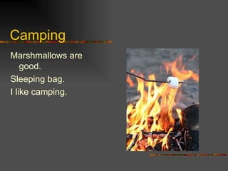 Camping Marshmallows are good. Sleeping bag.  I like camping. 