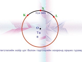 X
                        Нум KXL
                K                     L


                         O
                         Тө
                         в



төгсгөлийн хоёр цэг болон тэдгээрийн хооронд орших гуравд

                             
 