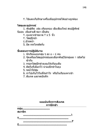 146




      ٣. ใช้และเก็บรักษาเครื่องมืออุปกรณ์ได้อย่างถูกต้อง

วัสดุและอุปกรณ์
      1. พันธุ์พืช เช่น เทียนทอง เข็มเชียงใหม่ สนปฏิพัทธ์
นีออน เข็มสามสี ชบา เป็นต้น
      ٢. ถุงเพาะชำาขนาด ٣ x 5 นิ้ว
      ٣. วัสดุปักชำา
      ٤.บัวรดนำ้า
      5. มีด กรรไกรตัดกิ่ง

ขั้นตอนการปฏิบัติงาน
     1. นักเรียนแบ่งกลุ่ม ๆ ละ ٥ – ٤ คน
     2. จัดเตรียมวัสดุอุปกรณ์และเลือกพันธุ์ไม้กลุ่มละ ١ ชนิดไม่
        ซำ้ากัน
     3. กรอกวัสดุปักชำาลงถุงให้เกือบเต็ม
     4. ตัดกิ่งที่เลือกไว้ นำาลงปักชำาในถุง
     5. รดนำ้าให้ชุ่ม
     6. นำาไปเก็บไว้ในที่ร่มรำาไร หรือในเรือนเพาะชำา
     7. สังเกต และจดบันทึก




                          แบบบันทึกการสังเกต
                                  การปักชำา
กลุ่ม.................................
สมาชิก
      ..........................................................١
٢............................................................
      ...........................................................٣
٤..........................................................
 