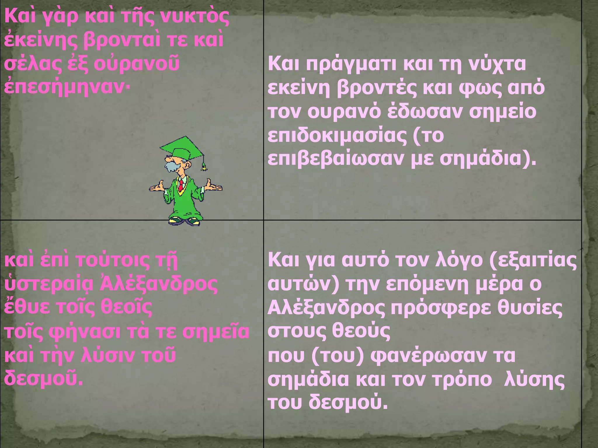 Καὶ γὰπ καὶ ηῆρ νςκηὸρ
ἐκείνηρ βπονηαὶ ηε καὶ
ζέλαρ ἐξ οὐπανοῦ           Και ππάγμαηι και ηη νύσηα
ἐπεζήμηναν∙                εκείνη βπονηέρ και θυρ από
                           ηον οςπανό έδυζαν ζημείο
                           επιδοκιμαζίαρ (ηο
                           επιβεβαίυζαν με ζημάδια).




καὶ ἐπὶ ηούηοιρ ηῇ         Και για αςηό ηον λόγο (εξαιηίαρ
ὑζηεπαίᾳ Ἀλέξανδπορ        αςηών) ηην επόμενη μέπα ο
ἔθςε ηοῖρ θεοῖρ            Αλέξανδπορ ππόζθεπε θςζίερ
ηοῖρ θήναζι ηὰ ηε ζημεῖα   ζηοςρ θεούρ
καὶ ηὴν λύζιν ηοῦ          πος (ηος) θανέπυζαν ηα
δεζμοῦ.                    ζημάδια και ηον ηπόπο λύζηρ
                           ηος δεζμού.
 