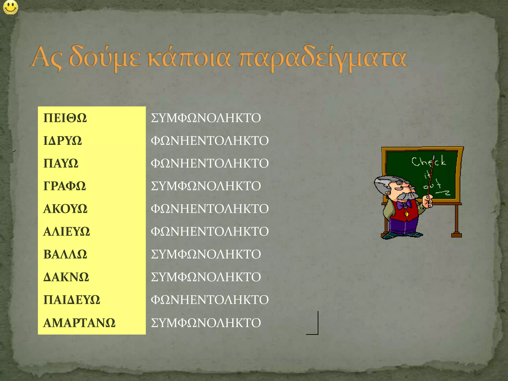 ΠΕΙΘΩ      ΢ΤΜΥΩΝΟΛΗΚΣΟ
ΙΔΡΤΩ      ΥΩΝΗΕΝΣΟΛΗΚΣΟ
ΠΑΤΩ       ΥΩΝΗΕΝΣΟΛΗΚΣΟ
ΓΡΑΥΩ      ΢ΤΜΥΩΝΟΛΗΚΣΟ
ΑΚΟΤΩ      ΥΩΝΗΕΝΣΟΛΗΚΣΟ
ΑΛΙΕΤΩ     ΥΩΝΗΕΝΣΟΛΗΚΣΟ
ΒΑΛΛΩ      ΢ΤΜΥΩΝΟΛΗΚΣΟ
ΔΑΚΝΩ      ΢ΤΜΥΩΝΟΛΗΚΣΟ
ΠΑΙΔΕΤΩ    ΥΩΝΗΕΝΣΟΛΗΚΣΟ
ΑΜΑΡΣΑΝΩ   ΢ΤΜΥΩΝΟΛΗΚΣΟ
 