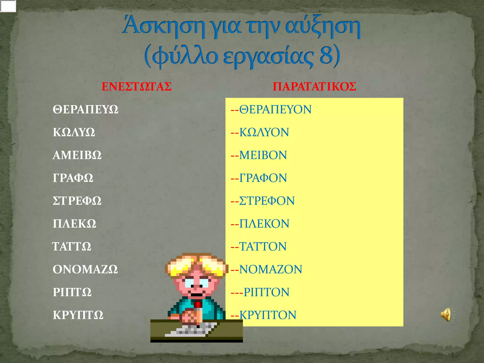 ΕΝΕ΢ΣΩΣΑ΢         ΠΑΡΑΣΑΣΙΚΟ΢
ΘΕΡΑΠΕΤΩ            --ΘΕΡΑΠΕΤΟΝ
ΚΩΛΤΩ               --ΚΩΛΤΟΝ
ΑΜΕΙΒΩ              --ΜΕΙΒΟΝ
ΓΡΑΥΩ               --ΓΡΑΥΟΝ
΢ΣΡΕΥΩ              --΢ΣΡΕΥΟΝ
ΠΛΕΚΩ               --ΠΛΕΚΟΝ
ΣΑΣΣΩ               --ΣΑΣΣΟΝ
ΟΝΟΜΑΖΩ             --ΝΟΜΑΖΟΝ
ΡΙΠΣΩ               ---ΡΙΠΣΟΝ
ΚΡΤΠΣΩ              --ΚΡΤΠΣΟΝ
 