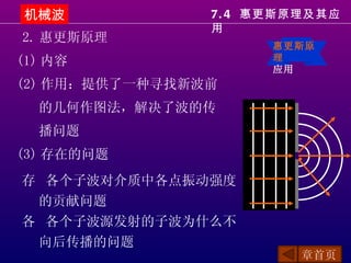 机械波             7. 4 惠更斯原理及其应
                用
2. 惠更斯原理
                      惠更斯原
(1) 内容                理
                      应用
(2) 作用：提供了一种寻找新波前
  的几何作图法，解决了波的传
  播问题
(3) 存在的问题               ●


存 各个子波对介质中各点振动强度
 的贡献问题
各 各个子波源发射的子波为什么不
 向后传播的问题
                         章首页
 
