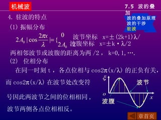 机械波                          7. 5 波的叠
                              加
4. 驻波的特点                      波的叠加原理
                              波的干涉
(1) 振幅分布                      驻波
             2πx      0 波节坐标 x=±(2k+1)λ/
  2 A0 | cos     |= {
              λ      2 A0 波腹坐标 x=±k·λ/2
                          2
两相邻波节或波腹的距离为两 /2 ， k=0,1,….
(2) 位相分布
  在同一时刻 t ，各点位相与 cos2π(x/λ) 的正负有关，
                        ξ
而 cos2π(x/λ) 在波节处改变符             波节
                        o
号因此两波节之间的位相相同 ,                       x
                        波腹
波节两侧各点位相相反。
                                 章首页
 