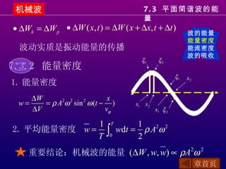 机械波                                     7. 3 平面简谐波的能
                                        量
• ∆Wk = ∆W p • ∆W ( x, t ) = ∆W ( x + ∆x, t + ∆t )         波的能量
                                                           能量密度
 波动实质是振动能量的传播                                              能流密度
                                                           波的吸收
                                       ξ1     ξ2
7.3.2 能量密度
                                                      ξ1   x2
1. 能量密度
    ∆W                    x
 w=    = ρ A ω sin ω (t − )
            2 2   2
                                     x1 x2
    ∆V                   vϕ                  x1 ξ 2

             1 T     1
2. 平均能量密度 w = ∫ wdt = ρ A2ω 2
             T 0     2
    重要结论：机械波的能量 (∆W , w, w) ∝ ρA ω                          2   2

                                                                章首页
 