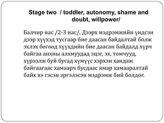 Stage two / toddler, autonomy, shame and
                doubt, willpower/

Балчир нас /2-3 нас/. Дээрх мэдрэмжийн үндсэн
дээр хүүхэд тусгаар бие даасан байдалтай болж
эхлэх бөгөөд хүүхдийн бие даасан байдалд хүрч
байгаа анхны алхмуудад эцэг, эх, томчууд,
хүрээлж буй бусад хүмүүс хэрхэн хандаж
байгаагаас хамаарч бусдаас ямар хамааралтай
байх вэ гэсэн эргэлзсэн мэдрэмж бий болдог.
 