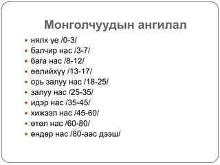 Монголчуудын ангилал
 нялх үе /0-3/
 балчир нас /3-7/
 бага нас /8-12/
 өөлийхүү /13-17/
 орь залуу нас /18-25/
 залуу нас /25-35/
 идэр нас /35-45/
 хижээл нас /45-60/
 өтөл нас /60-80/
 өндөр нас /80-аас дээш/
 