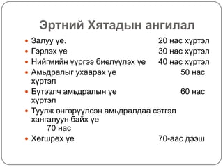 Эртний Хятадын ангилал
 Залуу үе.                      20 нас хүртэл
 Гэрлэх үе                      30 нас хүртэл
 Нийгмийн үүргээ биелүүлэх үе   40 нас хүртэл
 Амьдралыг ухаарах үе                 50 нас
  хүртэл
 Бүтээлч амьдралын үе                60 нас
  хүртэл
 Туулж өнгөрүүлсэн амьдралдаа сэтгэл
  хангалуун байх үе
      70 нас
 Хөгшрөх үе                    70-аас дээш
 