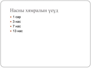 Насны хямралын үеүд
 1 сар
 3 нас
 7 нас
 13 нас
 