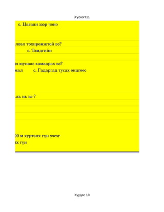 Хүснэгт11

                с. Цагаан зээр чоно



ар дүрсэлвэл тохиромжтой вэ?
амм                 с. Тэмдгийн


н хэмжээ юунаас хамаарах вэ?
 рс ургамал         с. Гадаргад тусах өнцгөөс




н нуур аль нь вэ ?




лайн 1000 м хүртэлх гүн хэсэг
м хүртэлх гүн




                                      Хуудас 10
 