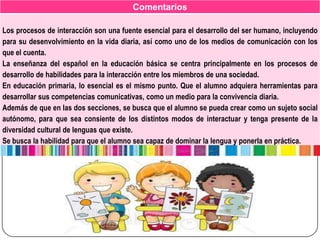 Comentarios

Los procesos de interacción son una fuente esencial para el desarrollo del ser humano, incluyendo
para su desenvolvimiento en la vida diaria, así como uno de los medios de comunicación con los
que el cuenta.
La enseñanza del español en la educación básica se centra principalmente en los procesos de
desarrollo de habilidades para la interacción entre los miembros de una sociedad.
En educación primaria, lo esencial es el mismo punto. Que el alumno adquiera herramientas para
desarrollar sus competencias comunicativas, como un medio para la convivencia diaria.
Además de que en las dos secciones, se busca que el alumno se pueda crear como un sujeto social
autónomo, para que sea consiente de los distintos modos de interactuar y tenga presente de la
diversidad cultural de lenguas que existe.
Se busca la habilidad para que el alumno sea capaz de dominar la lengua y ponerla en práctica.
 