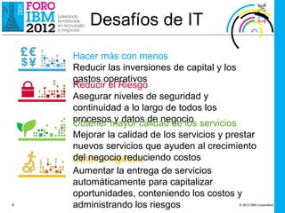 Desafíos de IT
    Hacer más con menos
    Reducir las inversiones de capital y los
    gastos operativos
    Reducir el Riesgo
    Asegurar niveles de seguridad y
    continuidad a lo largo de todos los
    procesosmayor calidad de los servicios
    Obtener y datos de negocio
    Mejorar la calidad de los servicios y prestar
    nuevos servicios que ayuden al crecimiento
    del negocio reduciendo costos
    Obtener Agilidad
    Aumentar la entrega de servicios
    automáticamente para capitalizar
    oportunidades, conteniendo los costos y
4   administrando los riesgos                  © 2012 IBM Corporation
 