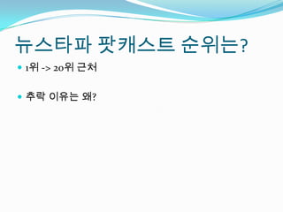 뉴스타파 팟캐스트 순위는?
 1위 -> 20위 근처


 추락 이유는 왜?
 