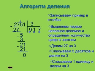 oЗаписываем пример в
                столбик
- 2751 3        oВыделяем первое
  27     91 7   неполное делимое и
   -5           определяем количество
     3          цифр в частном
   - 21         oДелим 27 на 3
     21         oСписываем 5 десятков и
       0        делим на 3
                oСписываем 1 единицу и
                делим на 3
 