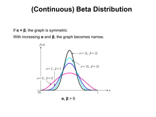 (Continuous) Beta Distribution

If α = β, the graph is symmetric
With increasing α and β, the graph becomes narrow.




                            α, β > 0
 