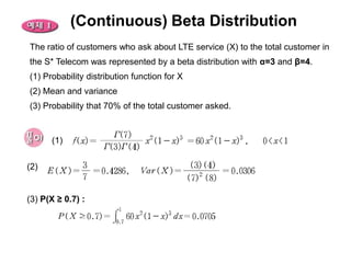 (Continuous) Beta Distribution
The ratio of customers who ask about LTE service (X) to the total customer in
the S* Telecom was represented by a beta distribution with α=3 and β=4.
(1) Probability distribution function for X
(2) Mean and variance
(3) Probability that 70% of the total customer asked.


      (1)

(2)


(3) P(X ≥ 0.7) :
 