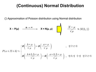 (Continuous) Normal Distribution

⊙ Approximation of Poisson distribution using Normal distribution


                 n→∞
    X ∼ P(μ)                  X ≈ N(μ, μ)
 