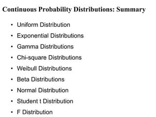 Continuous Probability Distributions: Summary

  • Uniform Distribution
  • Exponential Distributions
  • Gamma Distributions
  • Chi-square Distributions
  • Weibull Distributions
  • Beta Distributions
  • Normal Distribution
  • Student t Distribution
  • F Distribution
 