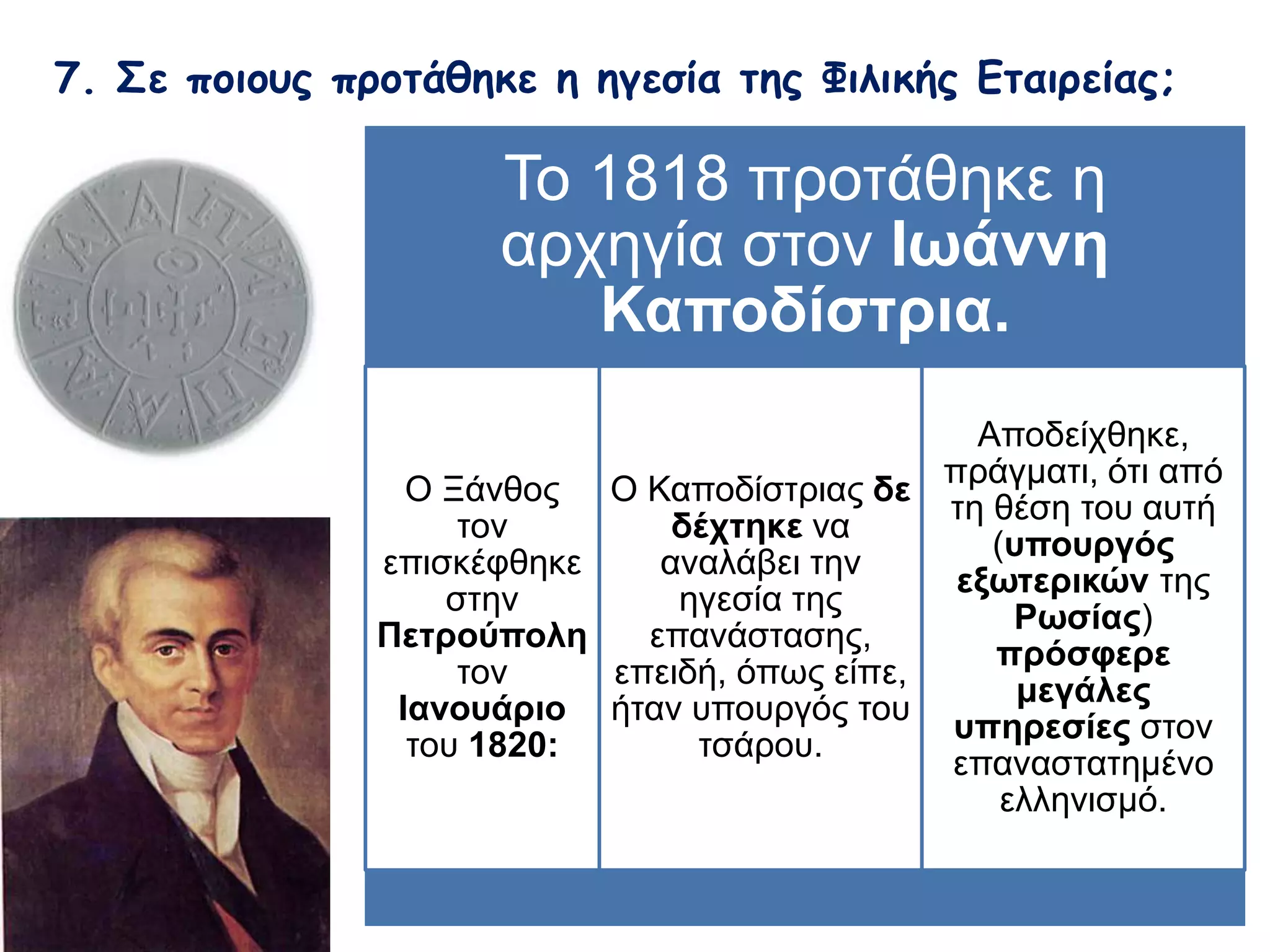7. Σε ποιους προτάθηκε η ηγεσία της Φιλικής Εταιρείας; 
Το 1818 προτάθηκε η αρχηγία 
στον Ιωάννη Καποδίστρια. 
Ο Ξάνθος τον 
επισκέφθηκε 
στην 
Πετρούπολη 
τον 
Ιανουάριο 
του 1820: 
Ο Καποδίστριας δε 
δέχτηκε να 
αναλάβει την ηγεσία 
της επανάστασης, 
επειδή, όπως είπε, 
ήταν υπουργός του 
τσάρου. 
Αποδείχθηκε, 
πράγματι, ότι από τη 
θέση του αυτή 
(υπουργός 
εξωτερικών της 
Ρωσίας) πρόσφερε 
μεγάλες υπηρεσίες 
στον 
επαναστατημένο 
ελληνισμό. 
 