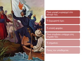 ◄ Παρατηρήστε τον πίνακα και 
περιγράψτε τον. 
Ποια μορφή κυριαρχεί στο κέντρο του; 
Τι ξεχωριστό έχει; 
Τι στολή φοράει; 
Ποιο σύμβολο υπάρχει στη σημαία του; 
Τι σημαίνει; 
Ποιος τον υποδέχεται; 
 