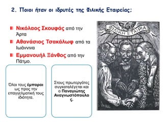 2. Ποιοι ήταν οι ιδρυτές της Φιλικής Εταιρείας; 
Νικόλαος Σκουφάς από την 
Άρτα 
Αθανάσιος Τσακάλωφ από τα 
Ιωάννινα 
Εμμανουήλ Ξάνθος από την 
Πάτμο. 
Όλοι τους έμποροι 
ως προς την 
επαγγελματική τους 
ιδιότητα. 
Στους πρωτεργάτες 
συγκαταλέγεται και 
ο Παναγιώτης 
Αναγνωστόπουλος. 
 