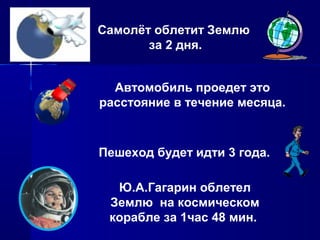 Самолёт облетит Землю
       за 2 дня.


  Автомобиль проедет это
расстояние в течение месяца.



Пешеход будет идти 3 года.

  Ю.А.Гагарин облетел
 Землю на космическом
 корабле за 1час 48 мин.
 