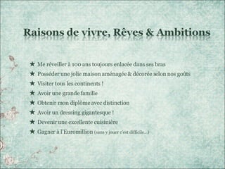 Me réveiller à 100 ans toujours enlacée dans ses bras Posséder une jolie maison aménagée & décorée selon nos goûts Visiter tous les continents ! Avoir une grande famille Obtenir mon diplôme avec distinction Avoir un dressing gigantesque ! Devenir une excellente cuisinière Gagner à l’Euromillion  (sans y jouer c’est difficile…) 