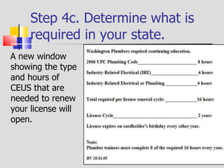 Step 3d. Determine what is required in your state. In WA, for example, a plumber needs: 8 hrs of code  4 hrs of electrical 4 hrs of industry related courses  All of these every 2 years 