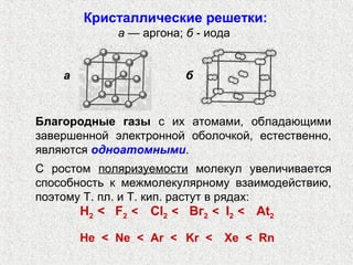 Кристаллические решетки:
             а — аргона; б - иода


    а                    б


Благородные газы с их атомами, обладающими
завершенной электронной оболочкой, естественно,
являются одноатомными.
С ростом поляризуемости молекул увеличивается
способность к межмолекулярному взаимодействию,
поэтому Т. пл. и Т. кип. растут в рядах:
       Н2 < F2 < Cl2 < Вг2 < I2 < At2

        Не < Ne < Ar < Kr <    Xe < Rn
 