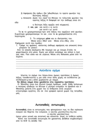 β. Αφαίρεση: Θα έρθω Θα 'ρθω(Φεύγει το πρώτο φωνήεν της
δεύτερης λέξης).
γ. Αποκοπή: Δώσε τα Δώσ' τα ( Φεύγει το τελευταίο φωνήεν της
πρώτης λέξης. Η διαφορά απ την έκθλιψη είναι ότι
εδώ
η δεύτερη λέξη αρχίζει από σύμφωνο).
2. και , για και αυτό  κι αυτό.
για αυτό γι' αυτό
Το κι το χρησιμοποιούμε πριν από λέξεις που αρχίζουν από φωνήεν.
Συχνότερα χρησιμοποιούμε το και , ενώ το κι χρησιμοποιείται στη
λογοτεχνία.
3. Το επίρρημα μέσα και οι ιδιοτροπίες του.
Μέσα από Μέσ' από Μέσα στοΜες στο
Εφάρμοσε αυτά που έμαθες:
1. Γράψε τις φράσεις κάνοντας έκθλιψη αφαίρεση και αποκοπή όπου
μπορούν να γίνουν:
Από τα κόκαλα βγαλμένη. Με λογισμό και με όνειρο. Στείλε τα
χαιρετίσματα στη μάνα. Εμείς για αλλού κινήσαμε και αλλού η ζωή
μας πάει. Πού είσαι και σε γύρευα; Μέσα στη θάλασσα, μέσα από τα
κύματα.
………………………………………………………………………………………………………………………………………………………………
………………………………………………………………………………………………………………………………………………………………
………………………………………………………………………………………………………………………………………………………………
………………………………………………………………………………………………………………………………………………………………
………………………………………………………………………………………………………………………………………………………………
Ασύνδετο σχήμα
λέγεται το σχήμα του λόγου όπου όμοιες προτάσεις ή όμοιες
λέξεις τοποθετούνται η μια πλάι στην άλλη χωρίς να συνδέονται με
σύνδεσμο(π.χ και ), αλλά χωρίζονται με κόμμα.
Να βάλεις κόμμα όπου χρειάζεται στις παρακάτω προτάσεις:
Ο Μανόλης είναι ένα έξυπνο ζωηρό πρόθυμο παιδί. Κάθε απόγευμα
ο πατέρας κλαδεύει τα δέντρα η μητέρα ετοιμάζει το βραδινό και ο
Μανόλης μελετά. Στο χωριό του οι άνθρωποι είναι γεωργοί
κτηνοτρόφοι εργάτες. Ζει σε ένα γραφικό ορεινό χωριό της πατρίδας
μας.
Αυτοπαθείς αντωνυμίες
Αυτοπαθείς είναι οι αντωνυμίες που φανερώνουν πως το ίδιο πρόσωπο
ενεργεί και δέχεται την ενέργεια. ο εαυτός μου/σου/του,της,του
ο εαυτός μας/σας/τους
έχουν μόνο γενική και αιτιατική και κλίνονται όπως το επίθετο :καλός.
Κλίνε την αυτοπαθή αντωνυμία. Αν χρειαστείς βοήθεια συμβουλέψου
από το Β.Μ τη σελίδα 102.
 