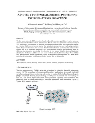 International Journal of Computer Networks & Communications (IJCNC) Vol.5, No.1, January 2013

  A NOVEL TWO-STAGE ALGORITHM PROTECTING
        INTERNAL ATTACK FROM WSNS

                     Muhammad Ahmed1, Xu Huang1and Hongyan Cui2
  1
      Faculty of Information Sciences and Engineering, University of Canberra, Australia
            Muhammad.ahmed@Canberra.edu.au, xu.huang@canberra.edu.au
             2
                 SICE, Beijing University of Posts and Telecommunications, China
                                        cuihy@bupt.edu.cn


ABSTRACT
Wireless sensor networks (WSNs) consists of small nodes with constrain capabilities. It enables numerous
applications with distributed network infrastructure. With its nature and application scenario, security of
WSN had drawn a great attention. In malicious environments for a functional WSN, security mechanisms
are essential. Malicious or internal attacker has gained attention as the most challenging attacks to
WSNs. Many works have been done to secure WSN from internal attacks but most of them relay on either
training data set or predefined thresholds. It is a great challenge to find or gain knowledge about the
Malicious. In this paper, we develop the algorithm in two stages. Initially, Abnormal Behaviour
Identification Mechanism (ABIM) which uses cosine similarity. Finally, Dempster-Shafer theory (DST)is
used. Which combine multiple evidences to identify the malicious or internal attacks in a WSN. In this
method we do not need any predefined threshold or tanning data set of the nodes.

KEYWORDS
Wireless Sensor Network, Security, Internal Attack, Cosine similarity, Dempester-Shafer Theory


1. INTRODUCTION
Wireless sensor networks (WSNs) are a new technology for collecting data with autonomous
sensors [1]. This technology is first motivated by military applications. As example battlefield
surveillance, transportation monitoring, and sensing of nuclear, biological and chemical agents
[2-5] is considered. Recently, this technology is widely used in our daily life because they are
low cost, low power, rapid deployment, self-organization capability and cooperative data
processing, such as habitat monitoring [6], intelligent agriculture, home automation [7], etc. A
Typical WSN is shown in Figure1.




                                       Figure1: A typical WSN
DOI : 10.5121/ijcnc.2013.5107                                                                          97
 