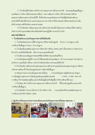 1.7 โรงเรียนได้ดาเนินการจัดทารายงานคุณภาพการศึกษาประจาปี ครอบคลุมข้อมูลพื้นฐาน
แผนพัฒนาการจัดการศึกษาของสถานศึกษา ผลการพัฒนาการจัดการศึกษาของสถานศึกษา
สรุปผลการพัฒนาและการนาผลไปใช้ ทั้งเชิงปริมาณและเชิงคุณภาพ โดยมีผู้รับผิดชอบชัดเจน
ทุกฝ่ายที่เกี่ยวข้องมีสวนร่วม และนาเสนอรายงานการจัดการศึกษาของสถานศึกษาต่อหน่วยงานต้น
                       ่
สังกัด หน่วยงานที่เกี่ยวข้อง และสาธารณชน
         1.8 โรงเรียนมีการพัฒนาคุณภาพการศึกษาอย่างต่อเนื่องโดยนาผลการพัฒนาในปีการศึกษา
2554 มาปรับปรุงและพัฒนาโดยเตรียมจัดทาแผนปฏิบัติการประจาปี 2555
ผลการดาเนินการ
1. โรงเรียนมีระบบประกันคุณภาพภายในที่เข้มแข็ง
    1.1 โรงเรียนมีและประกาศใช้มาตรฐานการศึกษาระดับปฐมวัย จานวน 11 มาตรฐาน ระดับ
การศึกษาขั้นพื้นฐาน จานวน 15 มาตรฐาน
    1.2 โรงเรียนมีแผนพัฒนาคุณภาพการศึกษาปีการศึกษา 2555-2557 มีโครงสร้างการบริหารงาน
มีการทางานเป็นทีมที่เข้มแข็ง บริหารงานแบบมุ่งผลสัมฤทธิ์
    1.3 โรงเรียนระบบข้อมูลสารสนเทศที่มประสิทธิภาพและพร้อมใช้งาน
                                         ี
    1.4 โรงเรียนมีแผนปฏิบัติการประจาปีที่สอดคล้องกับแผนพัฒนา มีการรายงานผลการดาเนินงาน
ทุกโครงการและในปีการศึกษา 2554 โรงเรียนดาเนินการตามแผนได้สาเร็จ
    1.5 โรงเรียนมีการติดตามตรวจสอบคุณภาพการศึกษาตามแผนโดยครอบคลุมมาตรฐานการศึกษา
ระดับสถานศึกษาทั้ง ในระดับปฐมวัยและการศึกษาขั้นพื้นฐาน
    1.6 มีคณะกรรมการประเมินคุณภาพภายในผล การประเมินคุณภาพผูเรียนตามมาตรฐาน  ้
การเรียนรูทุกกลุ่มสาระการเรียนรู้ คุณลักษณะอันพึงประสงค์
           ้                                                          การอ่าน การคิด วิเคราะห์
การเขียน กิจกรรมพัฒนาผู้เรียน ทุกระดับชั้นอยู่ในระดับที่สูงขึนกว่าปีการศึกษาที่ผ่านมา
                                                             ้
     1.7 โรงเรียน มีการ จัดทารายงานคุณภาพการศึกษาประจาปี ทั้งในระดับปฐมศึกษาและระดับ
การศึกษาขั้นพื้นฐาน
    1.8 โรงเรียนมีการรายงานโครงการ ปีการศึกษา 255 5 และเตรียมจัดทาแผนพัฒนาคุณภาพ
การศึกษาประจาปีการศึกษา 2556

2. ผู้บริหารเป็นคณะกรรมการประเมินระบบประกันคุณภาพภายในของ สพป.สก. 1
 