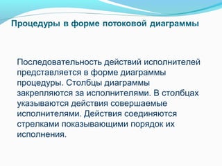 Последовательность действий исполнителей
представляется в форме диаграммы
процедуры. Столбцы диаграммы
закрепляются за исполнителями. В столбцах
указываются действия совершаемые
исполнителями. Действия соединяются
стрелками показывающими порядок их
исполнения.
 